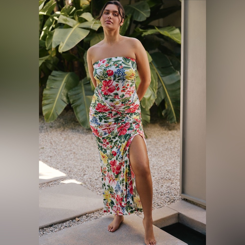 Anthropologie Floral Strapless Dress - Red, Green, Yellow